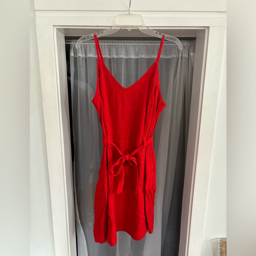 Red Tie Waist Dress with Pockets, Adjustable Straps, and a Zipper Back